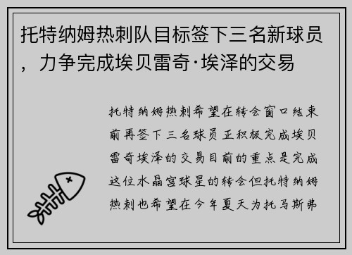 托特纳姆热刺队目标签下三名新球员，力争完成埃贝雷奇·埃泽的交易